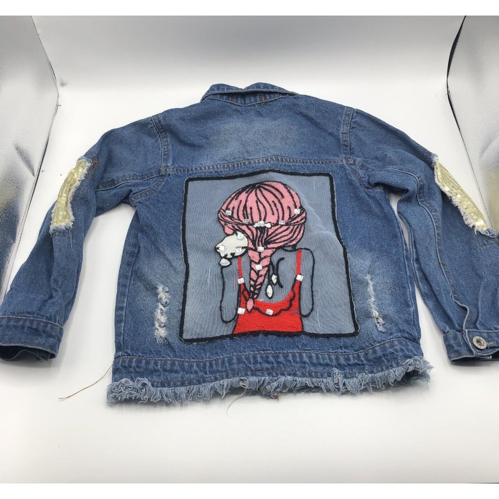 Alysa Style Girls Denim Jacket Size 120 5T Embellished Distressed